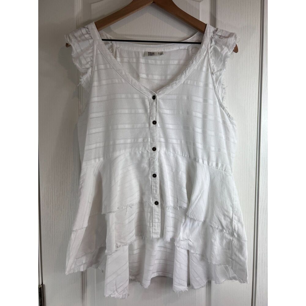 True Craft Women’s Top White Cotton Cap Sleeve Button Front High Low Size L